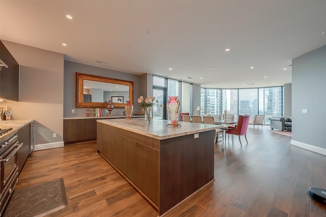 kitchen with expansive windows, hardwood / wood-style flooring, and a center island