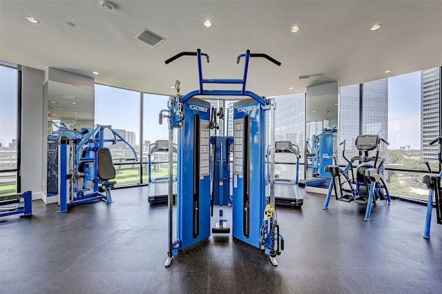 workout area featuring expansive windows