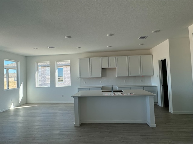 kitchen featuring an island with sink, white cabinets, hardwood / wood-style floors, and sink