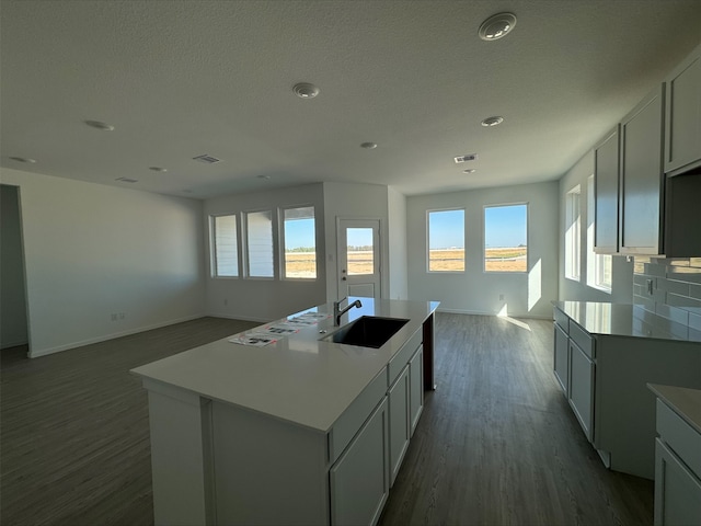 kitchen featuring white cabinets, sink, tasteful backsplash, a kitchen island with sink, and dark hardwood / wood-style flooring