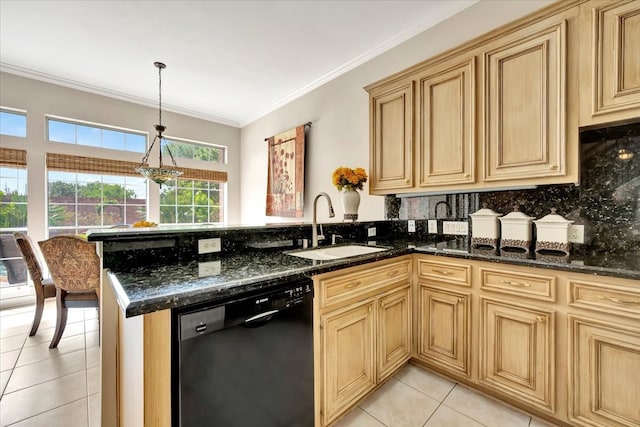 kitchen featuring dark stone countertops, light tile patterned floors, black dishwasher, and kitchen peninsula