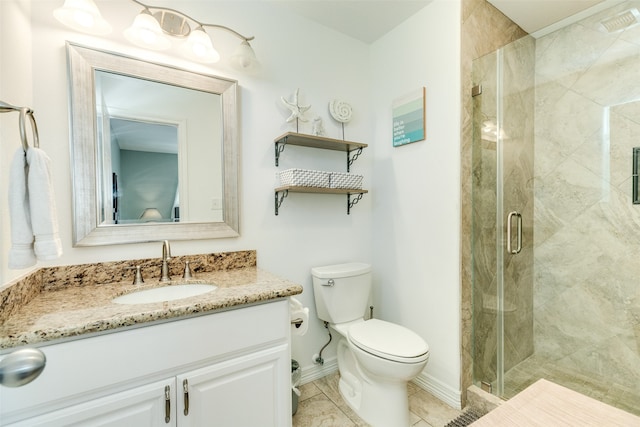 bathroom featuring vanity, toilet, walk in shower, and tile patterned flooring