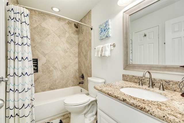 full bathroom featuring vanity, toilet, and shower / bathtub combination with curtain