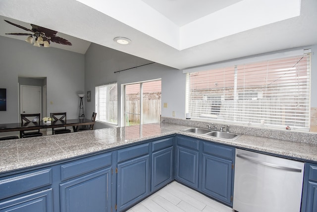 kitchen with sink, dishwasher, blue cabinetry, and plenty of natural light