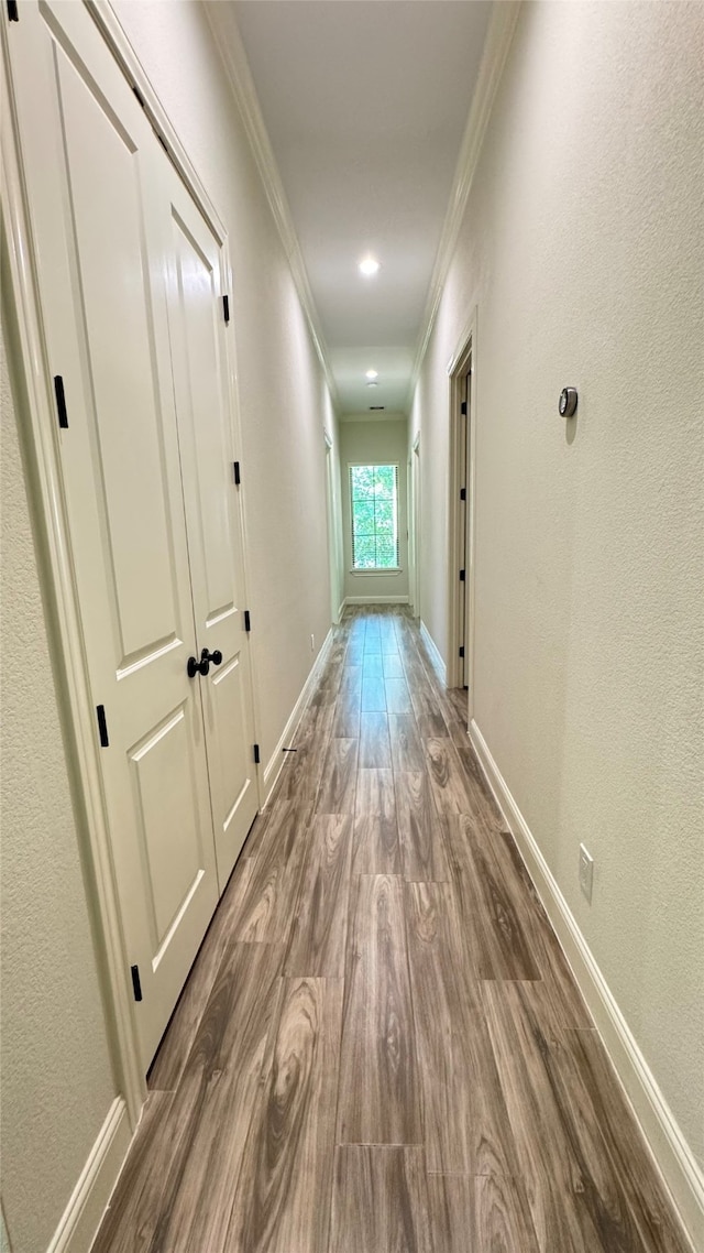 corridor with ornamental molding and hardwood / wood-style floors