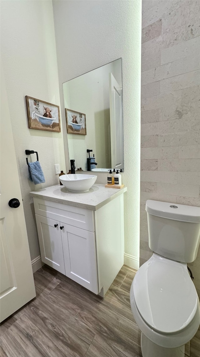 bathroom featuring vanity, toilet, and hardwood / wood-style floors