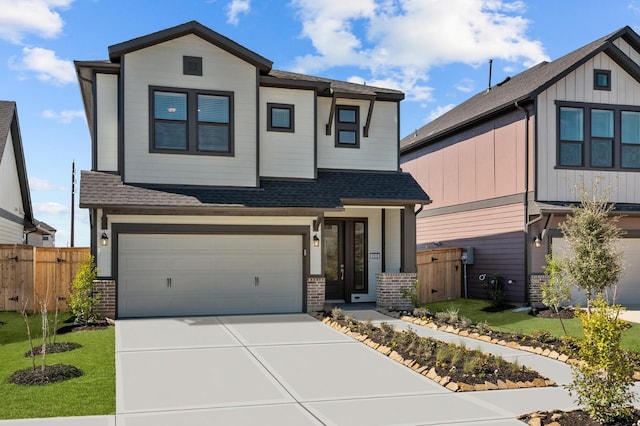 view of front of house featuring driveway, a shingled roof, an attached garage, fence, and brick siding