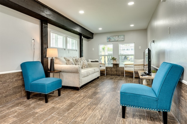 living room with dark hardwood / wood-style flooring