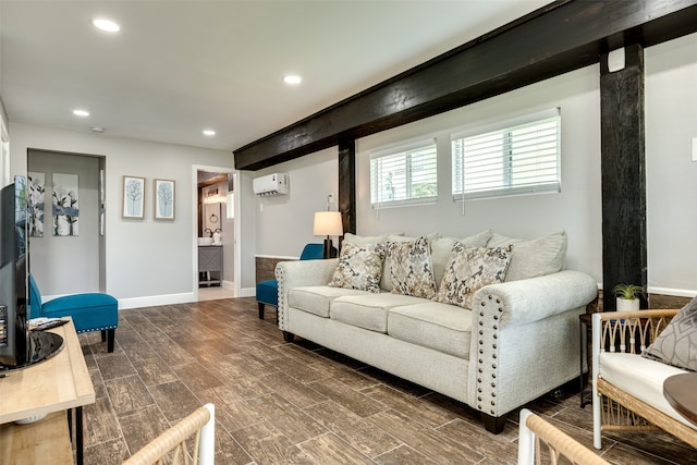 living room featuring a wall unit AC and dark hardwood / wood-style floors