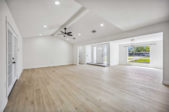 unfurnished living room featuring ceiling fan, french doors, lofted ceiling with beams, and light hardwood / wood-style floors