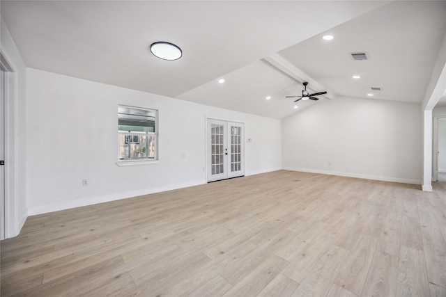 interior space featuring light hardwood / wood-style flooring, vaulted ceiling with beams, ceiling fan, and french doors