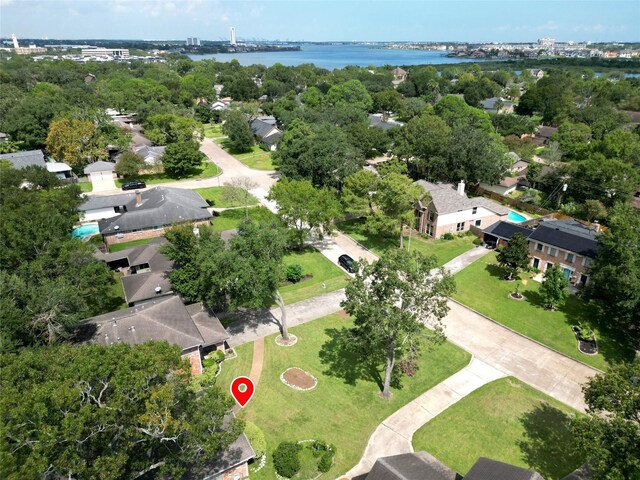 drone / aerial view featuring a water view