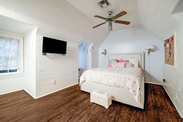 bedroom featuring ceiling fan, lofted ceiling, and dark hardwood / wood-style flooring