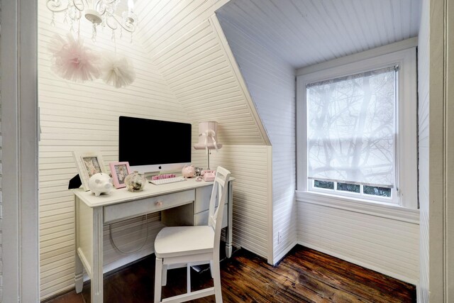 office featuring an inviting chandelier, wood walls, dark hardwood / wood-style flooring, and a wealth of natural light