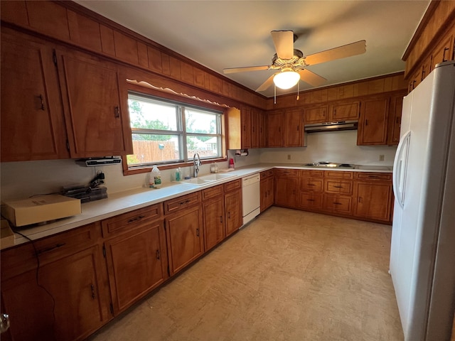 kitchen featuring ornamental molding, white appliances, sink, and ceiling fan