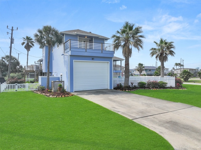 view of front facade with a balcony, a garage, and a front lawn