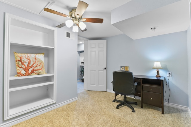 office area featuring light colored carpet and ceiling fan