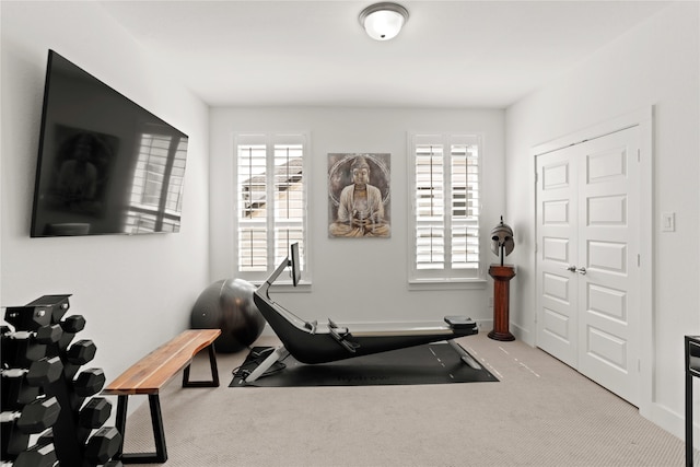 workout room featuring carpet floors and a healthy amount of sunlight