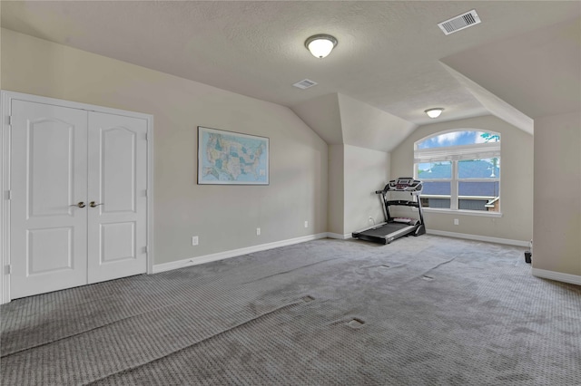 interior space with a textured ceiling, a closet, vaulted ceiling, and carpet