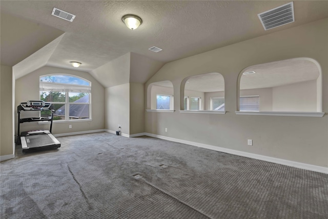 interior space featuring light carpet, a textured ceiling, and lofted ceiling