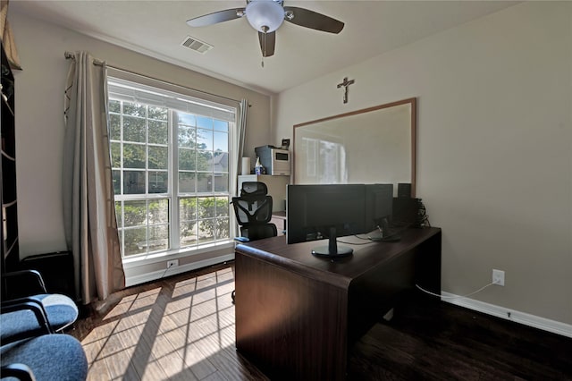 office area featuring dark hardwood / wood-style floors and ceiling fan