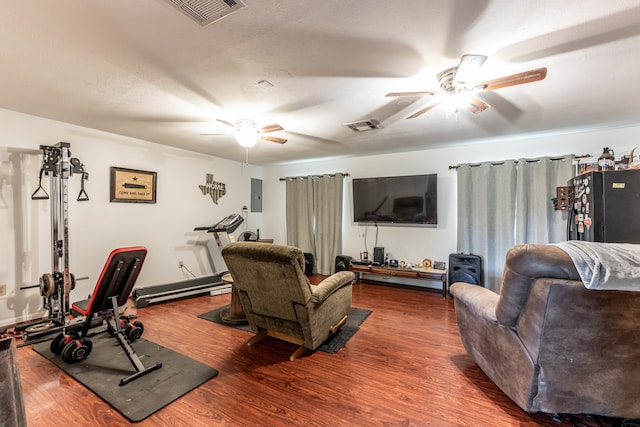 exercise area featuring ceiling fan, electric panel, and wood-type flooring