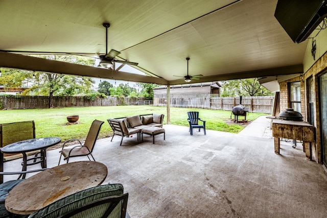 view of patio featuring ceiling fan and area for grilling