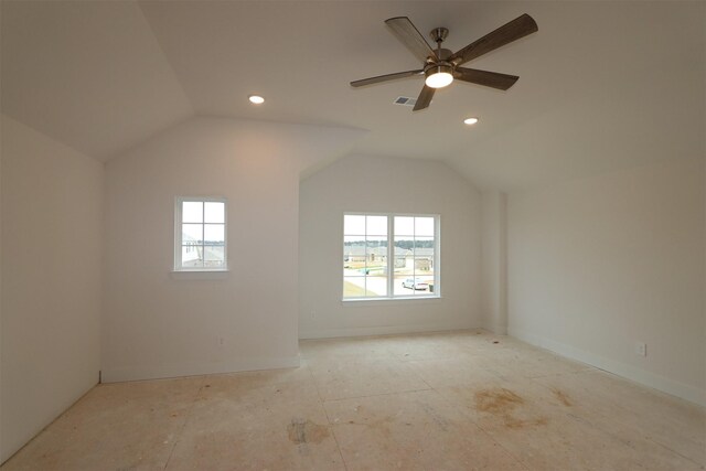 bonus room featuring lofted ceiling, visible vents, a ceiling fan, and recessed lighting