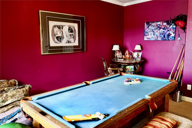 rec room with ornamental molding and pool table