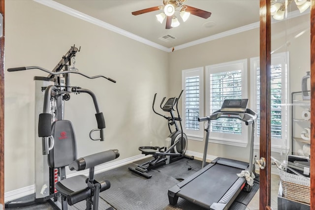 workout area featuring ornamental molding and ceiling fan