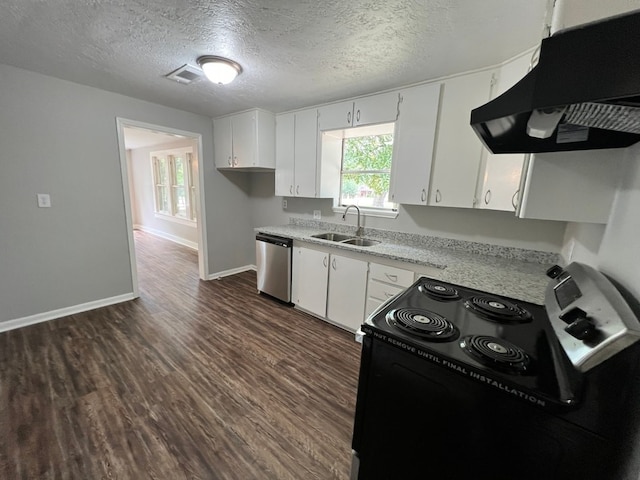 kitchen with white cabinets, electric range, dishwasher, and extractor fan