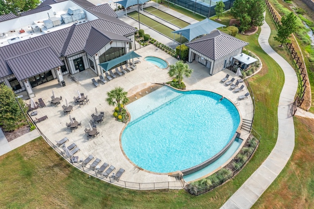 view of pool featuring a lawn, a gazebo, and a patio area