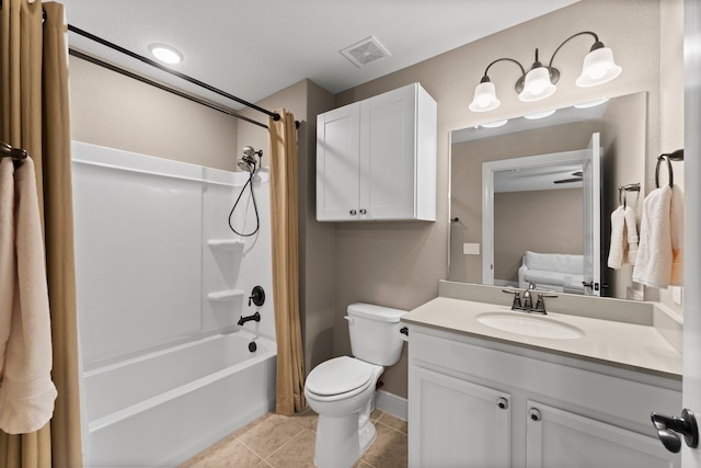 full bathroom with shower / bathtub combination with curtain, toilet, vanity, and tile patterned floors