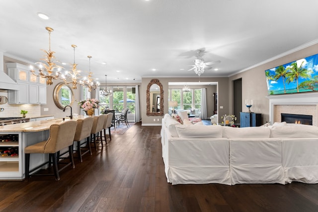 living room with ceiling fan with notable chandelier, crown molding, and dark wood-type flooring