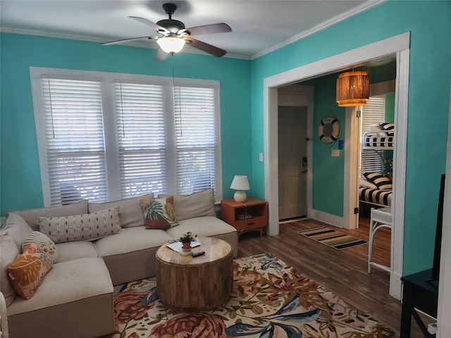 living room featuring plenty of natural light, dark hardwood / wood-style floors, crown molding, and ceiling fan