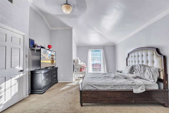 bedroom with light colored carpet, vaulted ceiling, and ornamental molding