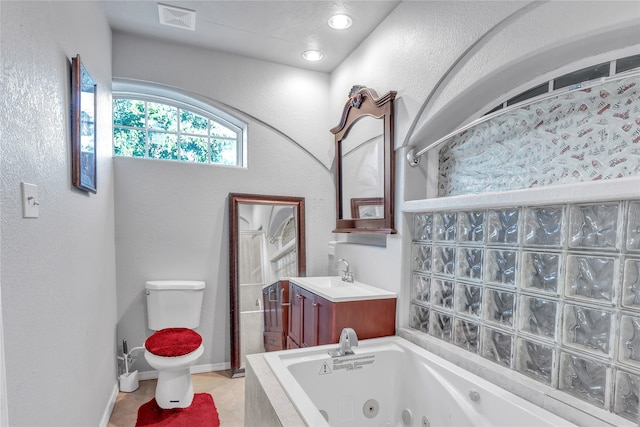 full bathroom featuring vanity, toilet, independent shower and bath, and tile patterned flooring