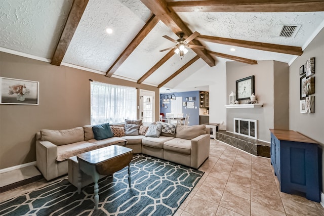 tiled living room featuring vaulted ceiling, a textured ceiling, and ceiling fan