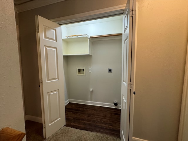 clothes washing area with hookup for a washing machine, wood-type flooring, and hookup for an electric dryer