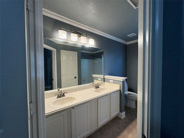 bathroom featuring vanity, crown molding, a shower, wood-type flooring, and toilet