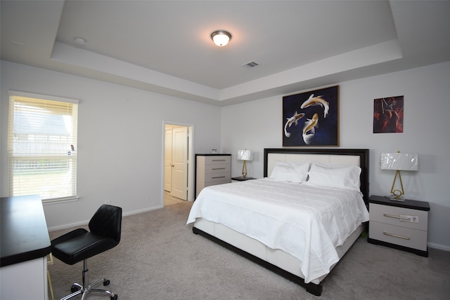 bedroom with carpet floors and a raised ceiling