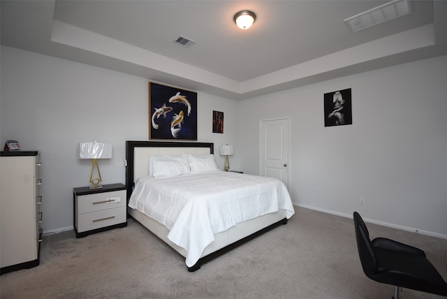 carpeted bedroom featuring a raised ceiling