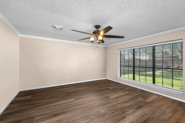 unfurnished room with a textured ceiling, ceiling fan, ornamental molding, and dark wood-type flooring