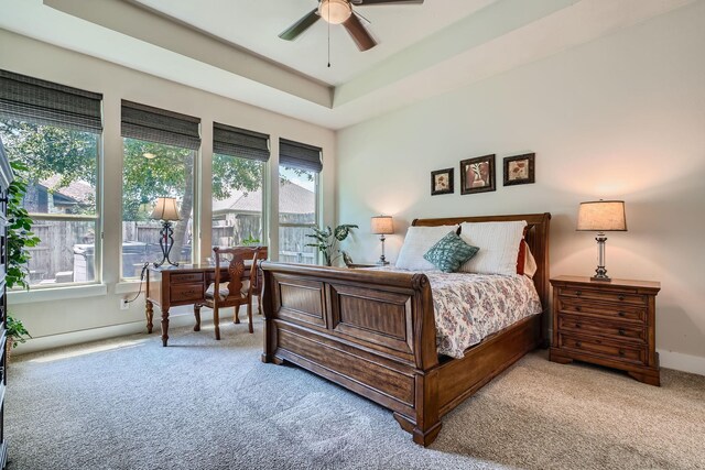 carpeted bedroom featuring baseboards and a tray ceiling