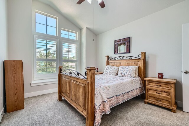 13224 N Salmon River Cir, Humble, TX 77346 - bedroom featuring baseboards, lofted ceiling, light colored carpet, and ceiling fan
