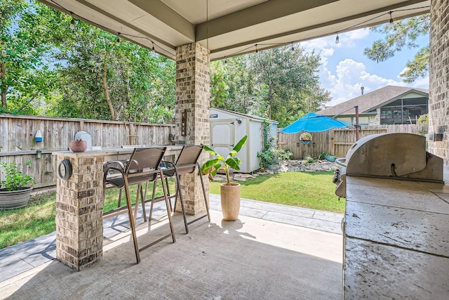 view of patio featuring an outdoor bar and a storage unit