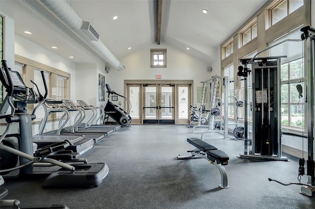 gym with recessed lighting, french doors, and high vaulted ceiling