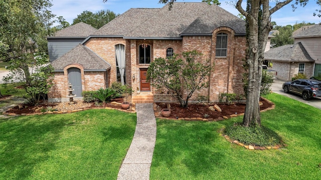 view of front of property featuring a front lawn, brick siding, and roof with shingles