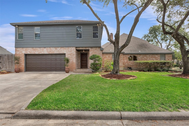 view of front facade with a front lawn, driveway, brick siding, and a garage