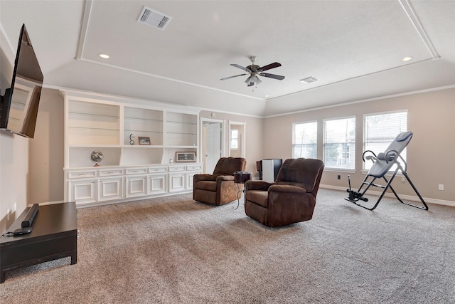 living area featuring a ceiling fan, carpet, baseboards, visible vents, and recessed lighting